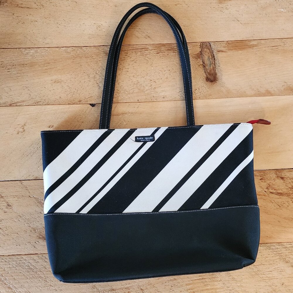 Kate Spade ♠️ fabric diagonal stripe large tote bag EUC | Black White Red
